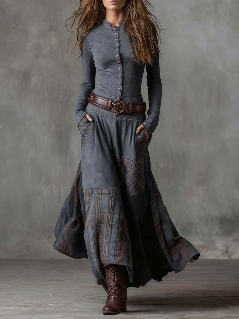Rosamund Patchwork Long Sleeve Maxi Dress in Navy Blue, view 9